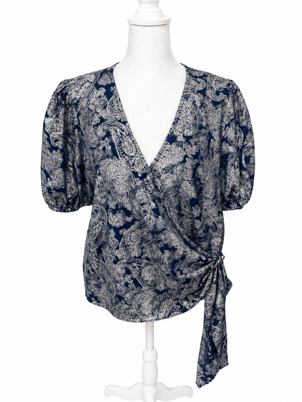 Michael Kors Paisley Wrap Peasant Top - Navy/White